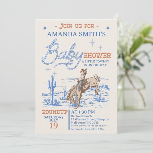 Invitation Baby shower Rodéo Brown vintage (Debout devant)