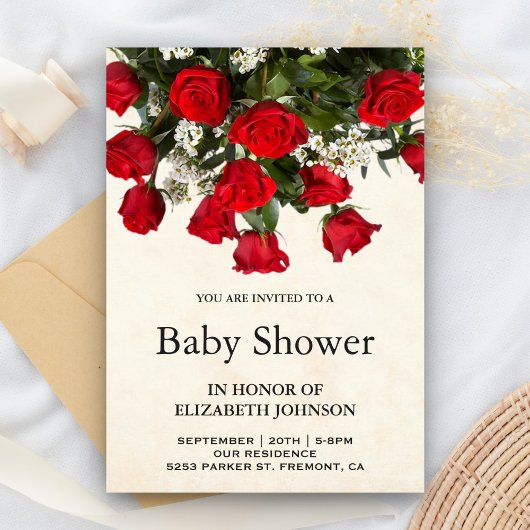 Invitation Baby shower romantique de Bouquet Roses Rouges