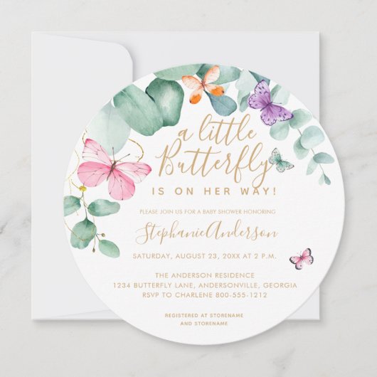Invitation Baby shower rond d'or rose Eucalyptus papillon (Devant)