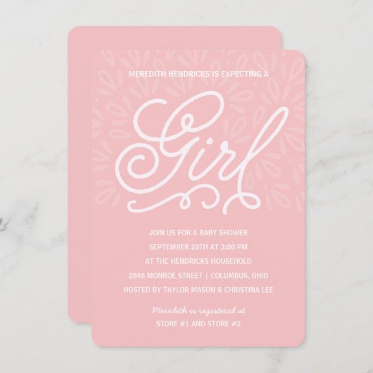 Invitation Baby shower rose (Devant / Derrière)