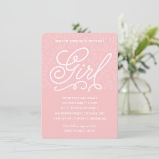 Invitation Baby shower rose (Debout devant)