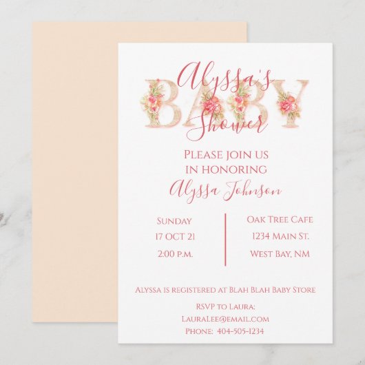Invitation Baby shower rose (Devant / Derrière)