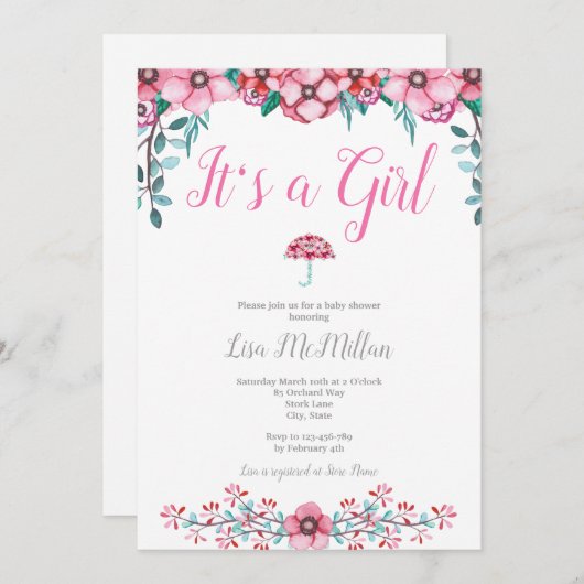 Invitation Baby shower rose (Devant / Derrière)