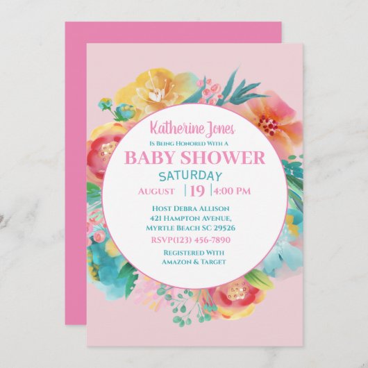 Invitation Baby shower rose (Devant / Derrière)