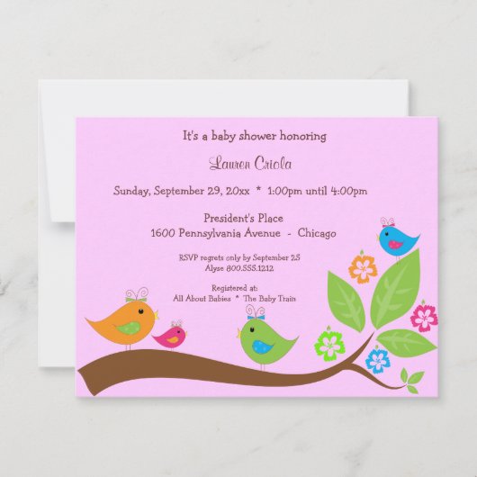 Invitation Baby shower Rose 4 Oiseaux Et Fleurs (Devant)