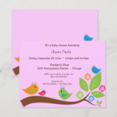 Invitation Baby shower Rose 4 Oiseaux Et Fleurs (Devant / Derrière)