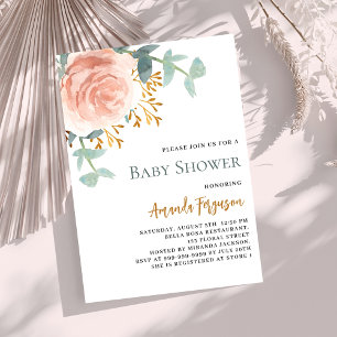 Invitation baby shower rose à fleurs couleur or