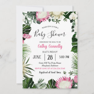 Invitation Baby shower rose à fleurs de la Monstera tropicale