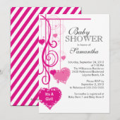 Invitation Baby shower rose accrochant moderne de coeurs (Devant / Derrière)