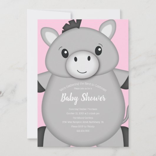Invitation Baby shower rose âne (Devant)
