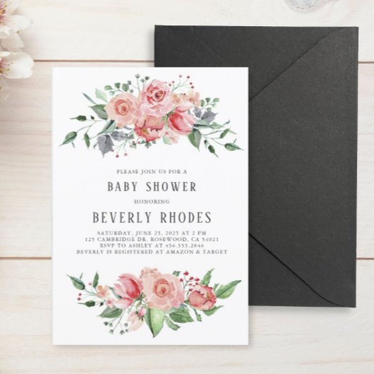 Invitation Baby shower Rose aquarelle