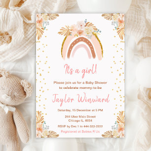 Invitation Baby shower rose arc-en-ciel Boho