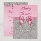 Invitation Baby shower rose argenté de filles de gemmes, (Devant / Derrière)
