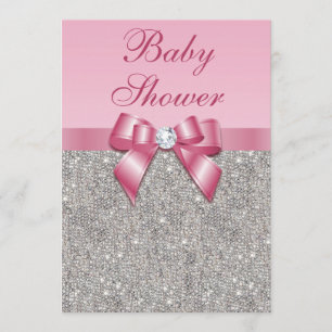 Invitation Baby shower rose argenté de filles de gemmes,