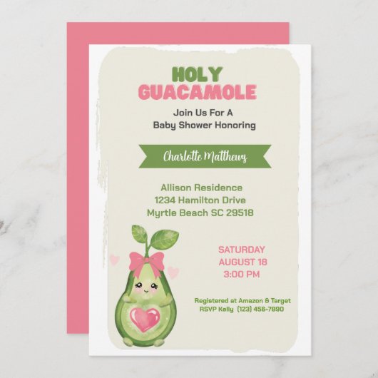 Invitation Baby shower rose Avocado Saint-Guacamole (Devant / Derrière)