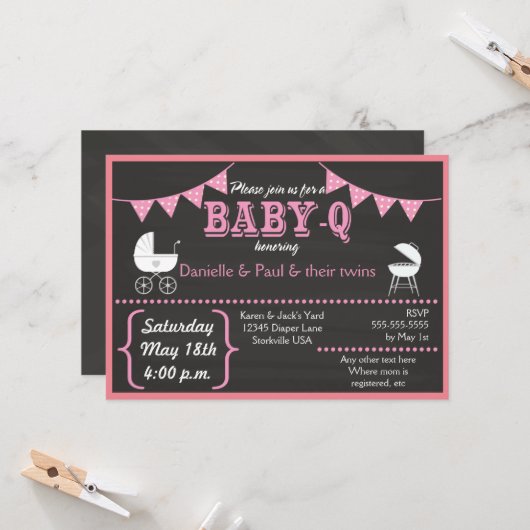 Invitation Baby shower rose Baby-Q (Devant/Arrière en situation)