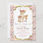 Invitation Baby shower Rose Bébé Deer Flower Gold Stripe (Devant)