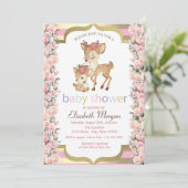 Invitation Baby shower Rose Bébé Deer Flower Gold Stripe (Debout devant)