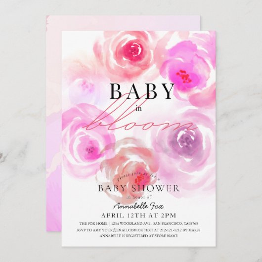 Invitation Baby shower Rose bébé en fleurs aquarelle (Devant / Derrière)