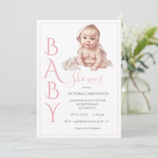 Invitation Baby shower rose bébé fille (Debout devant)