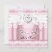 Invitation Baby shower rose blanc dentelle Diamants de la den (Devant)
