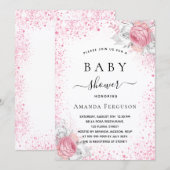 Invitation Baby shower rose blanc parties scintillant fille f (Devant / Derrière)