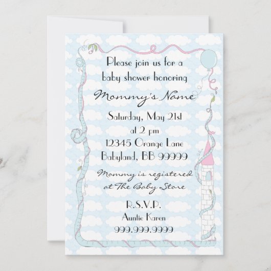 Invitation baby shower. Rose/Bleu/Château (Devant)