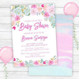Invitation Baby Shower Rose Bleu Pêche Violet