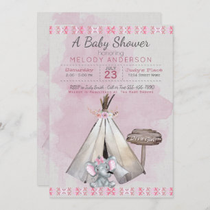Invitation Baby shower rose Boho Baby Elephant & Tipi