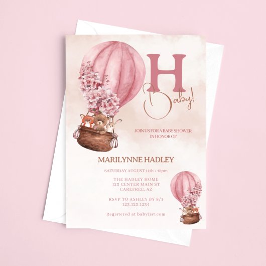Invitation Baby shower rose Boho de ballon à air chaud
