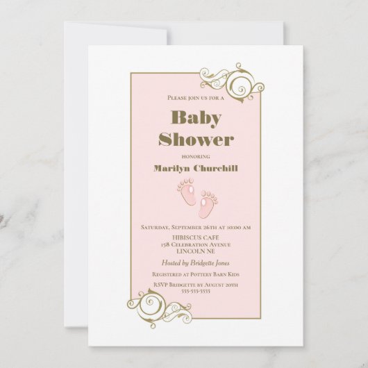 Invitation Baby shower rose bordé d'or (Devant)