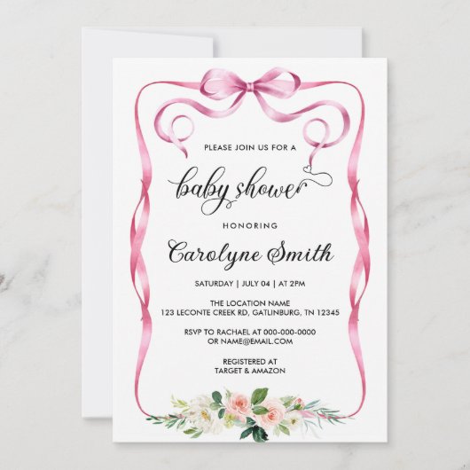 Invitation Baby shower rose Bow (Devant)