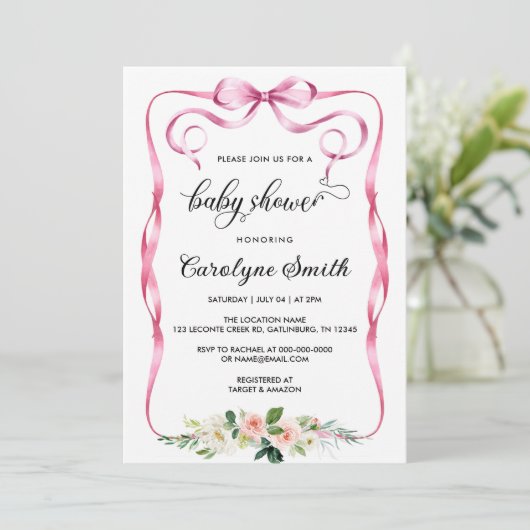 Invitation Baby shower rose Bow (Debout devant)
