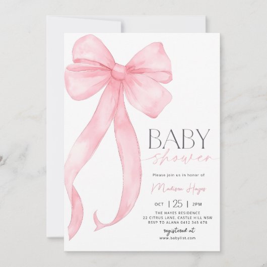 Invitation Baby shower rose Bow Modèle d'invitation (Devant)