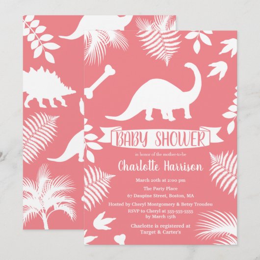 Invitation Baby shower rose Brontosaurus Dinosaur (Devant / Derrière)