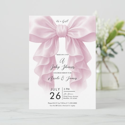 Invitation Baby shower rose Cascade Ruffle Bow Classic (Debout devant)