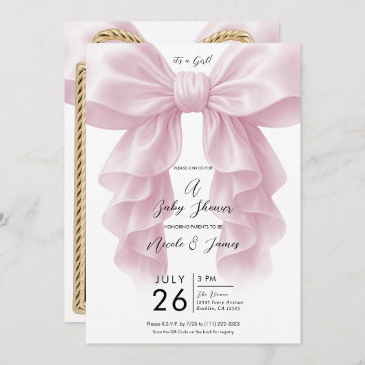 Invitation Baby shower rose Cascade Ruffle Bow Classic (Devant / Derrière)