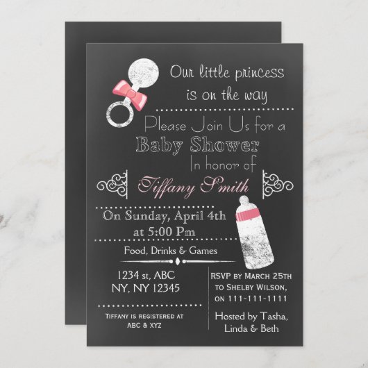 Invitation Baby shower rose Chalkboard (Devant / Derrière)
