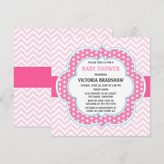 Invitation Baby shower rose Chevron (Devant / Derrière)