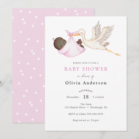 Invitation Baby shower rose cigogne (Devant / Derrière)