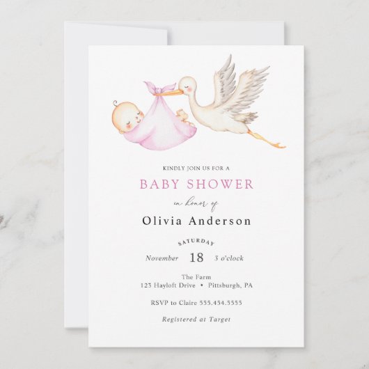 Invitation Baby shower rose cigogne (Devant)