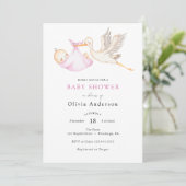 Invitation Baby shower rose cigogne (Debout devant)