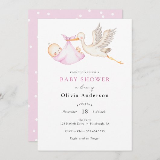 Invitation Baby shower rose cigogne (Devant / Derrière)