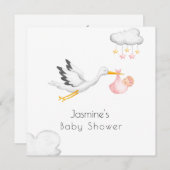 Invitation Baby shower rose cigogne minime (Devant / Derrière)
