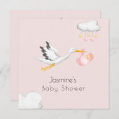 Invitation Baby shower rose cigogne minime (Devant / Derrière)