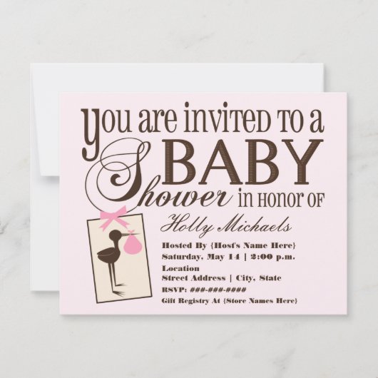Invitation Baby shower rose cigogne sophistiquée (Devant)