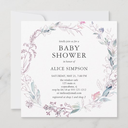 Invitation Baby shower rose clair Boho Feuilles (Devant)