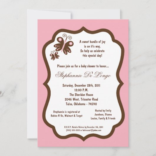 Invitation baby shower rose-clair du papillon 5x7 (Devant)