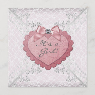 Invitation Baby Shower Rose Cœur Broderie Blanche