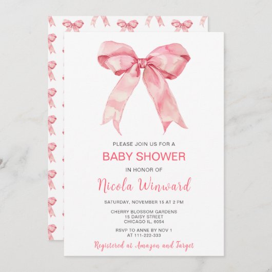 Invitation Baby shower rose Coquette Bow (Devant / Derrière)